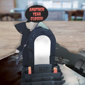 Grim Reaper 3D Pop Up Mirrored Tombstone Birthday Card, 6 of 7