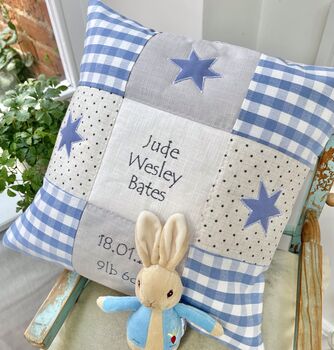Patchwork Gingham Name, Date And Weight Cushion, 4 of 4
