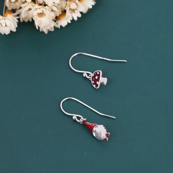 Mismatched Gnome And Mushroom Drop Hook Earrings In Sterling Silver With Hand Painted Enamel, 5 of 7