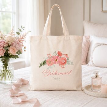 Personalised Coral Floral Bridesmaid Tote Bag Shopper, 4 of 6