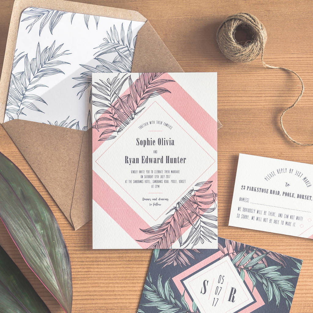 tropical leaf wedding invitation / navy by paperpair