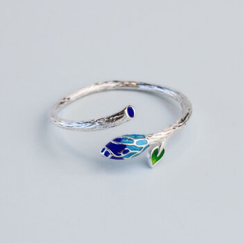 Sterling Silver Blue And Green Leaf Adjustable Ring, 3 of 4