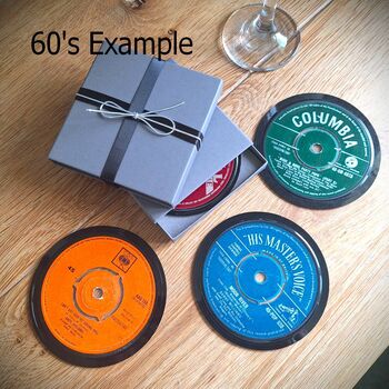 Set Of Four Vinyl Record Drink Coasters Decades 60's 70's 80's 90's 2000's Eighties Noughties Mats Retro Steam Punk Upcycled, 3 of 12