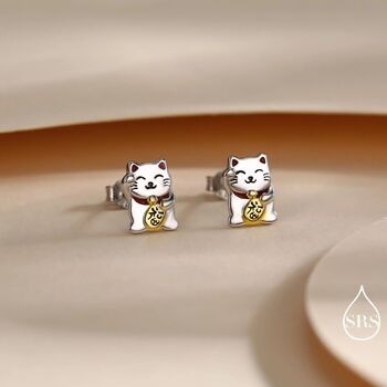 Sterling Silver Japanese Maneki Neko Cat Stud Earrings, 6 of 10