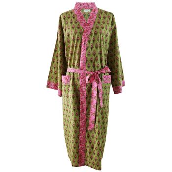 Block Printed Green And Pink Floral Cotton Dressing Gown, 5 of 5