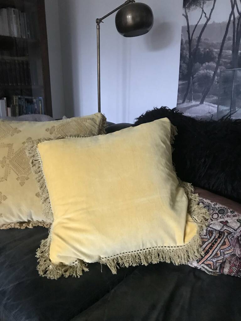 Velvet Cushion With Fringe Sunshine, 1 of 2