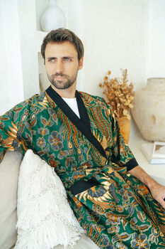 Men's Batik Kimono Robe In Green, 7 of 7