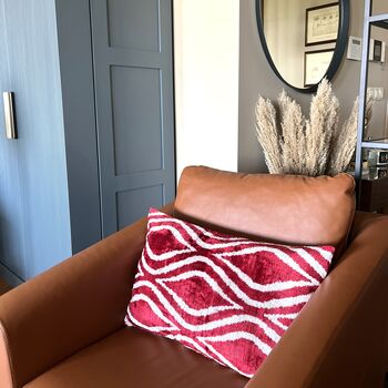 Oblong Velvet Ikat Cushion Red Decoration, 6 of 8