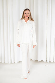 Embroidered 'Bride' Matt Satin Button Through Pyjamas, 2 of 12