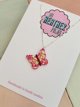 Pink Butterfly Glitter Charm Necklace / Garden Party Gift / Cute Nature Jewellery / Handmade Accessories, 3 of 7