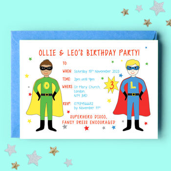 Twin Or Joint Superhero Birthday Party Invitations, 3 of 5