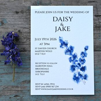 Midnight Larkspur Table Name Number Double Sided A5 Wedding Stationery, 4 of 6