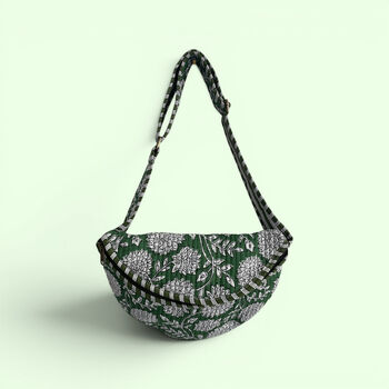 Cross Body Sling Bag | Green And White Block Print Floral Cotton, 4 of 4