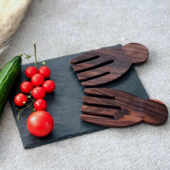 Hand Shaped Wooden Salad Server Spoons And Salad Tongs, 7 of 7