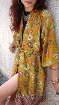 Yellow Floral Silk Blend Kimono Dressing Gown, 2 of 5
