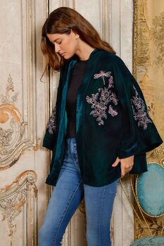 Wild Flowers And Butterflies Teal And Pink Velvet Embroidered Short Kimono, 2 of 10