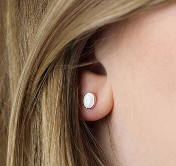 Oval White Fire Opal Stud Earrings In Sterling Silver, 2 of 12