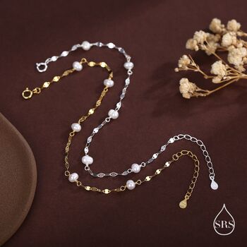 Pearl Beaded Bracelet With Sparkly Disk Chain In Sterling Silver, 4 of 11