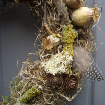 Poppy, Cone And Lichen Twig Heart Wreath Wedding Decor, 4 of 4