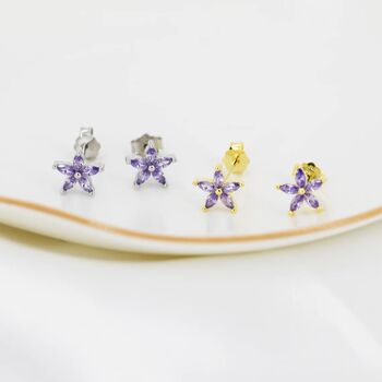 Amethyst Purple Cz Flower Stud Earrings Sterling Silver, 2 of 12
