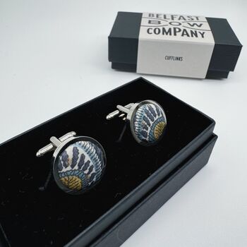 Liberty Cufflinks In Navy Peacock Feathers, 2 of 3