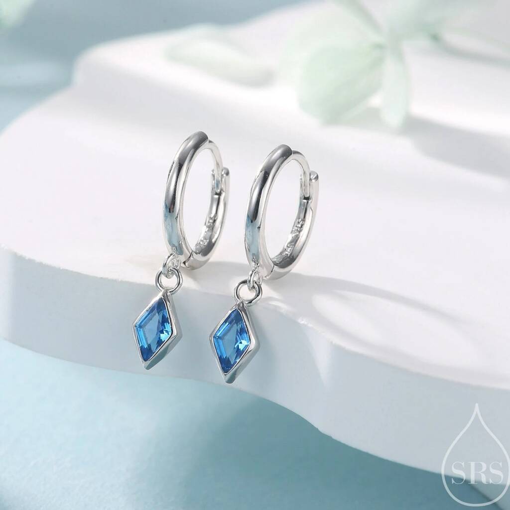 Very Tiny Rhombus Aquamarine Blue Cz Huggie Hoop In Sterling Silver, 1 of 12