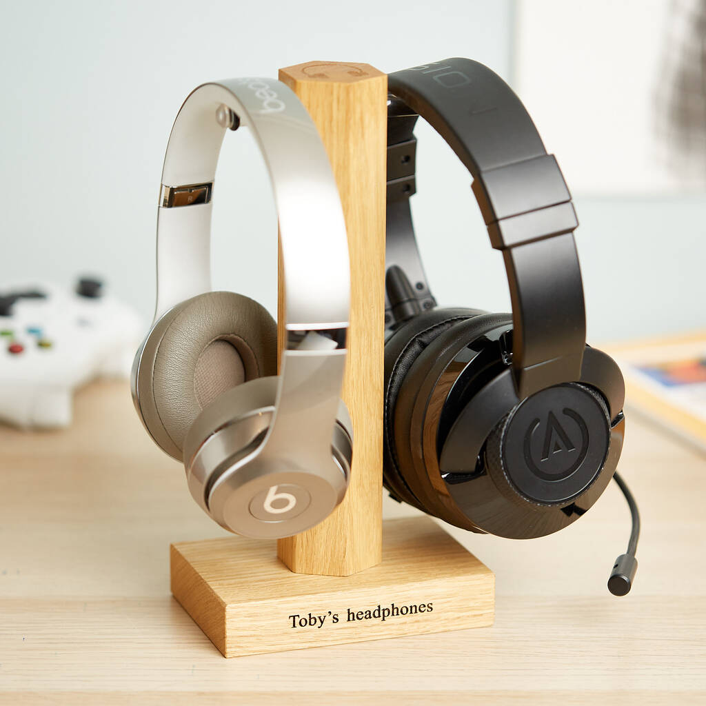 Personalised Double Headphone Stand In Solid Oak, 1 of 9