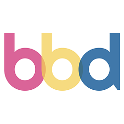 The letters b b d make up this logo in the colours pink, yellow and blue