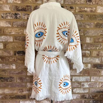 Organic Short Cotton Kimono: White With Orange And Blue Eye, 4 of 5