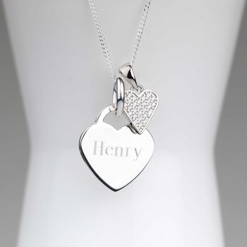 Engraved Silver Heart Necklace With Sparkly Heart, 3 of 6