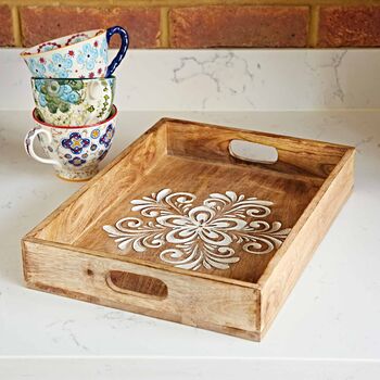 Floral Carved Natural Mango Wood Tea Tray, 5 of 7