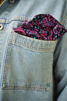 Mens Black And Pink Paisley Needlecord Pocket Square, 7 of 9