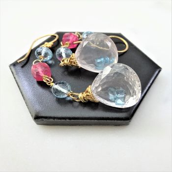 Rare Rose Quartz, London Blue Topaz Gold Earrings, 3 of 6