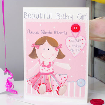 Personalised Rag Doll New Baby Girl Card, 2 of 9