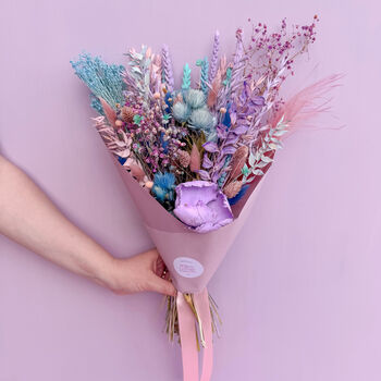 Bright Pastel Dried Flower Bouquet With Pink, Purple And Blue, 3 of 3