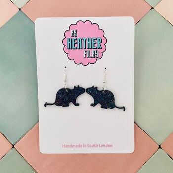 Black Rat Glitter Halloween Resin Earrings / Halloween Jewellery Sparkly Rodent Drop Earrings / Gothic Style Jewellery / Gift For Rat Lovers, 2 of 5
