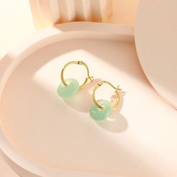 Sterling Silver Dangling Green Aventurine Jade Donut Hoop Earrings, 7 of 12