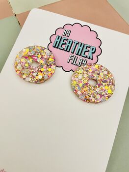 Circle Glitter Resin Earrings / Butter Yellow Earrings / Statement Studs / Modern Statement Fashion Earrings, 6 of 9