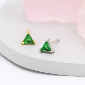 Sterling Silver Emerald Green Cz Triangle Stud Earrings, 2 of 11