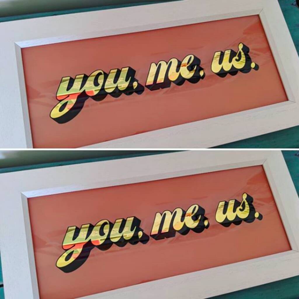 'You, Me Us' Glass Sign By Lauren's Letters