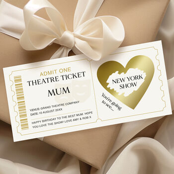 Personalised Theatre Ticket Scratch Card: Theatre Masks And Gold Heart Design, 2 of 7