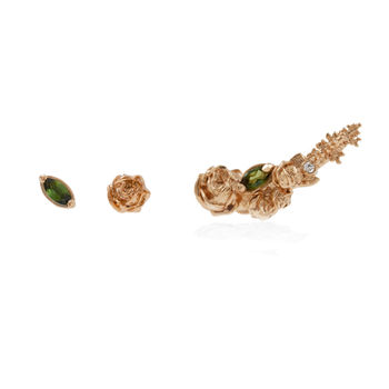 Three Rose Earring Set Diamond And Green Tourmalines, 7 of 12