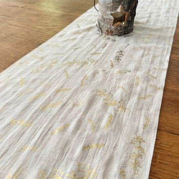 Holly Leaves Christmas Table Runner, Cream And Gold Muslin, 8 of 8