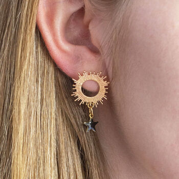 Sun Earrings With Black Enamel Star Drop, 4 of 10
