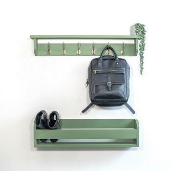 Green Coat Rack With Shelf, Shelf 10cm Deep, Shelf With Hooks, Black, Silver, Bronze, Copper, Chrome, Brass Hooks, Painted In F And B No.34, 4 of 8