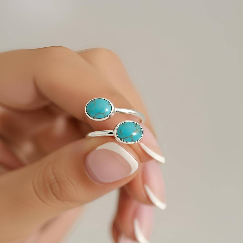 Open Adjustable Sterling Silver Turquoise Ring – Double Oval Gemstones, 1 of 5