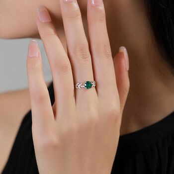 Sterling Silver Emerald Green Cz And Leaf Single Stone Ring, 7 of 12