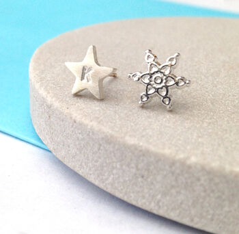 Personalised Mismatched Snowflake Initial Star Earrings, 9 of 12