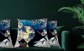 Kakuru Lanterns Japanese Lanterns With Crane Birds And Blossom Velvet Square Cushion, 6 of 10