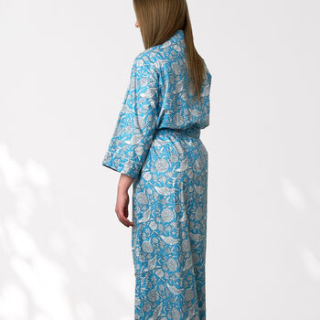 Blue Bird And Flower Print Cotton Dressing Gown Kimono, 2 of 8